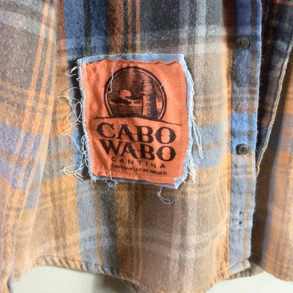 Reworked Cabo Wabo FLANNEL distressed DENIM shirt patch Orange 2XL - Picture 4 of 7
